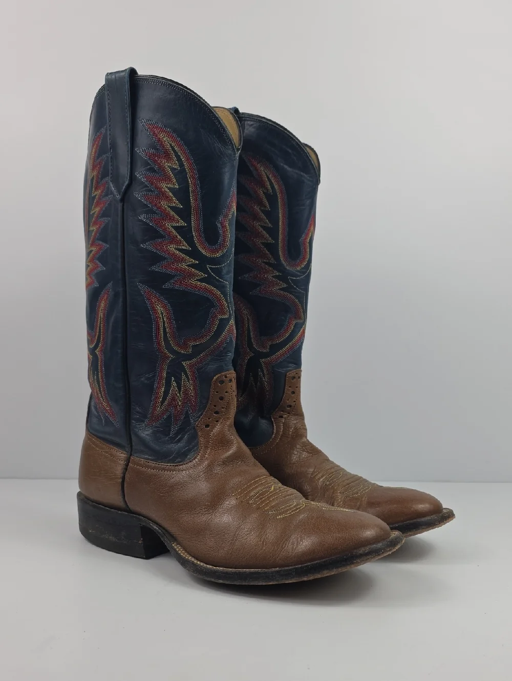 Vintage Rios Of Mercedes Bleu And Brown Leather Cowboy Boots Size 8